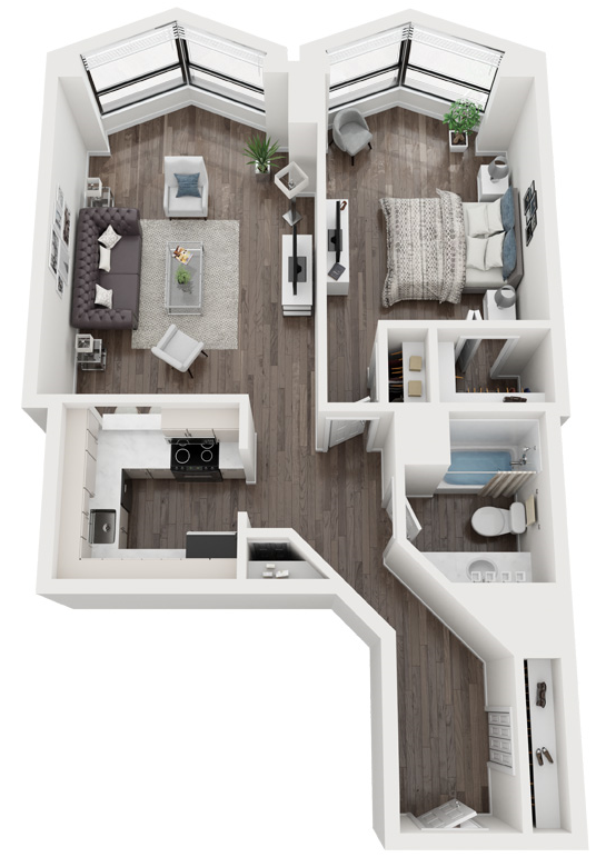Floor plan for 1 bed, 1 bath, 755 sqft